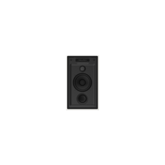 Ein weißes Bowers & Wilkins CWM7.5 S2 Wandeinbaulautsprecher-Stück ist an einer Wand mit einer hellgrauen Platte daneben vor einem schwarzen Hintergrund angebracht. Der Lautsprecher verfügt über mehrere Treiber und ein Etikett an der Oberseite für präzise Klangqualität.