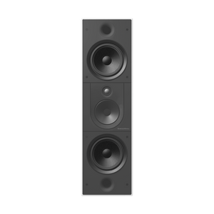 Weißer, rechteckiger Bowers & Wilkins CWM8.3 D Wandeinbaulautsprecher mit drei runden Treibern und Diamond-Dome-Hochtöner, hochkant neben einer grauen Wand montiert - das Branding betont seine High-End-Audioleistung.