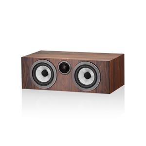 Der Bowers & Wilkins HTM72 S3 Centerlautsprecher in Mocha verfügt über ein rechteckiges Holzmaserungsdesign mit zwei großen Continuum-Membranen und einem kompakten schwarzen Carbon Dome-Hochtöner auf der Vorderseite, inspiriert durch den HTM72 S3.