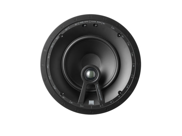 Eine Nahaufnahme des Dali PHANTOM E-60 Einbaulautsprechers Stück, ein runder schwarzer Deckeneinbau-/Wandlautsprecher mit zentralem Hochtöner und Markenlogo, dargestellt auf weißem Hintergrund für HiFi-Sound-Enthusiasten.