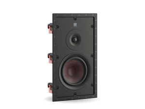 Der Dali PHANTOM H-60 R Einbaulautsprecher in Weiß ist ein rechteckiger Einbaulautsprecher mit zwei sichtbaren Treibern und roten Montagehaltern - ideal für hochwertige Audio-Installationen.