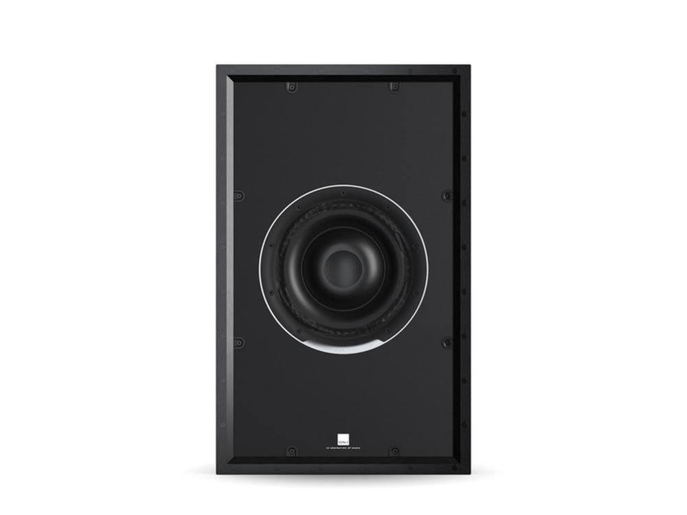 Der Dali PHANTOM IW SUB S-100 Subwoofer Stück ist ein weißer, rechteckiger Unterputz-Subwoofer mit zentralem, rundem Tieftöner und minimalistischem Design vor weißem Hintergrund, der eine überragende Klangqualität für jedes moderne Interieur liefert.