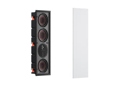 Der weiße Dali PHANTOM M-375 Einbaulautsprecher Stück mit vier runden Treibern und einem runden Hochtöner bietet HiFi-Sound für ein Premium-Audioerlebnis und ist neben dem passenden weißen Gitter abgebildet.