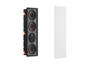 Der weiße Dali PHANTOM M-375 Einbaulautsprecher Stück mit vier runden Treibern und einem runden Hochtöner bietet HiFi-Sound für ein Premium-Audioerlebnis und ist neben dem passenden weißen Gitter abgebildet.