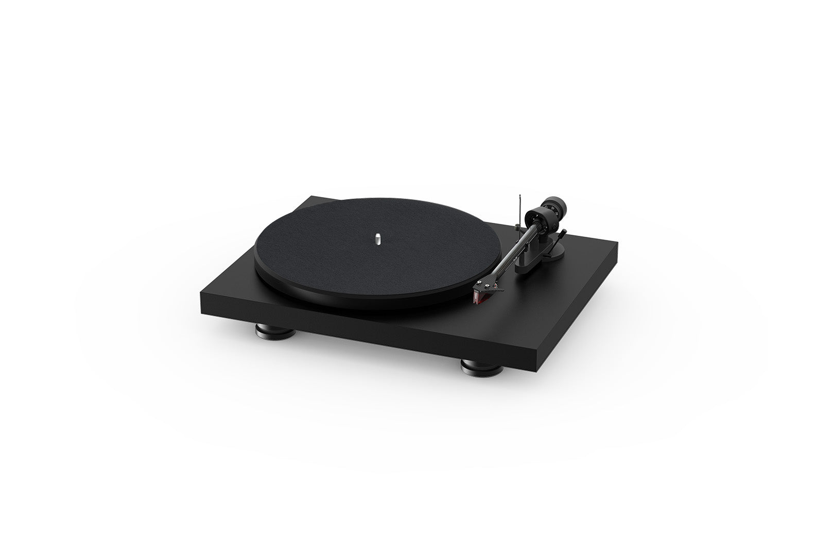 Der Pro-Ject Debut Carbon Evo Plattenspieler in Schwarz verfügt über eine moderne, flache, rechteckige Basis, einen runden Plattenteller und einen seitlichen Tonarm, der auf weißem Hintergrund für eine hervorragende Klangqualität sorgt.