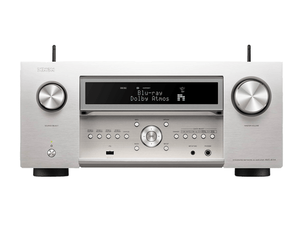Der Denon AVC-A1H AV-Receiver in Silber verfügt über ein digitales Display (Blu-ray Dolby Atmos), große Lautstärke-/Source-Drehregler, frontseitige Tasten und Eingangsanschlüsse - ideal für Heimkino-Setups mit Unterstützung für 8K-Auflösung.