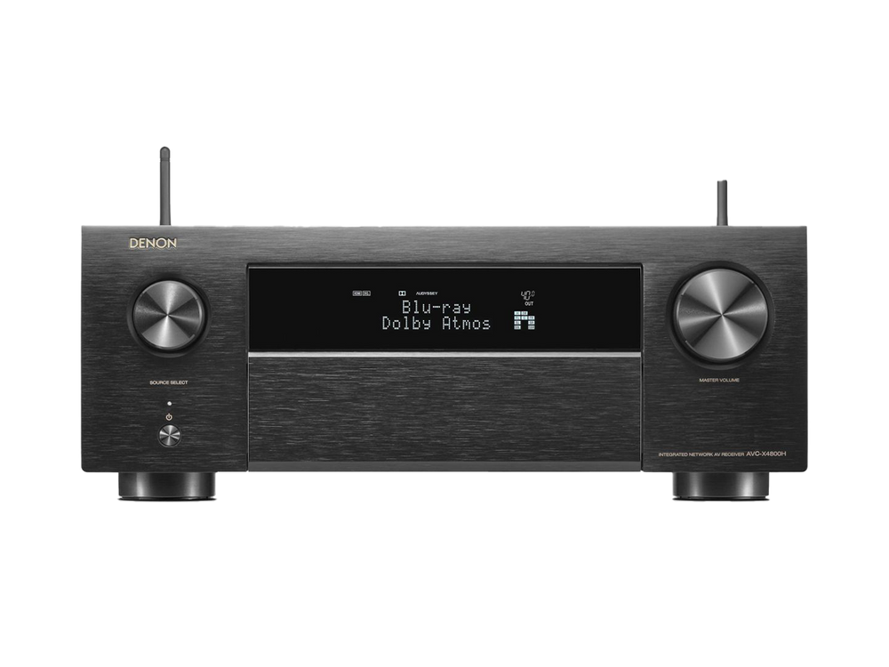 Der Denon AVC-X4800H AV-Receiver in Schwarz verfügt über ein digitales Display, zwei große Bedienknöpfe, Tasten auf der Vorderseite, 3D-Audio-Unterstützung und HEOS Built-in für nahtloses Streaming.