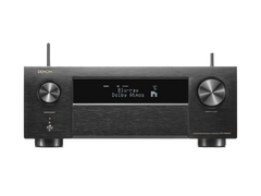 Der Denon AVC-X4800H AV-Receiver in Schwarz verfügt über ein digitales Display, zwei große Bedienknöpfe, Tasten auf der Vorderseite, 3D-Audio-Unterstützung und HEOS Built-in für nahtloses Streaming.