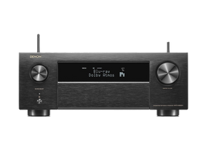 Der Denon AVC-X4800H AV-Receiver in Schwarz verfügt über ein digitales Display, zwei große Bedienknöpfe, Tasten auf der Vorderseite, 3D-Audio-Unterstützung und HEOS Built-in für nahtloses Streaming.
