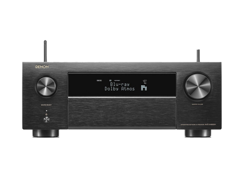 Der Denon AVC-X4800H AV-Receiver in Schwarz verfügt über ein digitales Display, zwei große Bedienknöpfe, Tasten auf der Vorderseite, 3D-Audio-Unterstützung und HEOS Built-in für nahtloses Streaming.