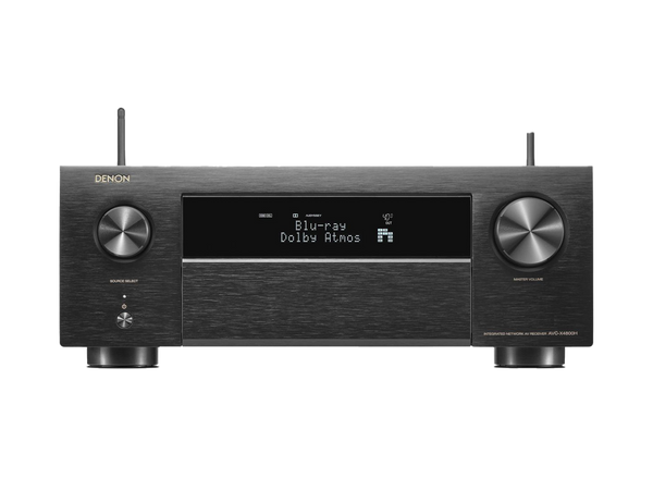 Der Denon AVC-X4800H AV-Receiver in Schwarz verfügt über ein digitales Display, zwei große Bedienknöpfe, Tasten auf der Vorderseite, 3D-Audio-Unterstützung und HEOS Built-in für nahtloses Streaming.