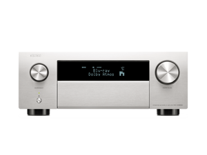 Der Denon AVC-X4800H AV-Receiver in Silber mit HEOS Built-in zeigt "Blu-ray Dolby Atmos" an, verfügt über zwei große Bedienknöpfe, mehrere Tasten unterhalb des Bildschirms und liefert immersiven 3D-Audio.