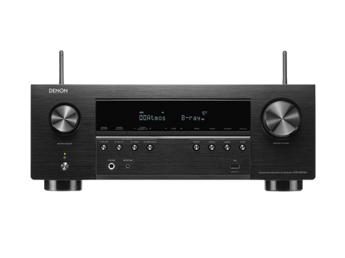 Der Denon AVR-S970H AV-Receiver in Schwarz verfügt über zwei Antennen, mehrere Drehregler und Tasten, verschiedene Eingangsanschlüsse, HEOS® Built-in und ein digitales Display mit Dolby Atmos und B-ray.