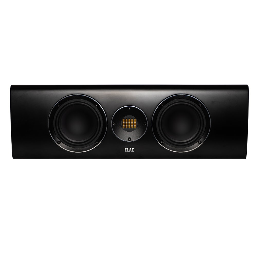 Der Elac Carina CC 241.4 Centerlautsprecher in Schwarz Seidenmatt bietet mit zwei seitlichen Tieftönern und zentralem JET-Hochtöner beeindruckende Heimkino-Akustik - hier frontal vor weißem Hintergrund gezeigt.