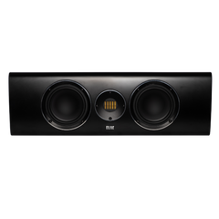 Der Elac Carina CC 241.4 Centerlautsprecher in Schwarz Seidenmatt bietet mit zwei seitlichen Tieftönern und zentralem JET-Hochtöner beeindruckende Heimkino-Akustik - hier frontal vor weißem Hintergrund gezeigt.