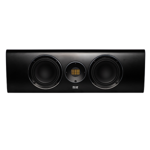 Der Elac Carina CC 241.4 Centerlautsprecher in Schwarz Seidenmatt bietet mit zwei seitlichen Tieftönern und zentralem JET-Hochtöner beeindruckende Heimkino-Akustik - hier frontal vor weißem Hintergrund gezeigt.