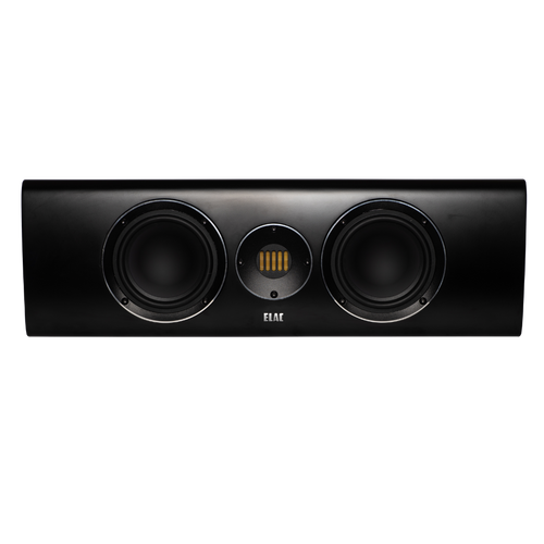 Der Elac Carina CC 241.4 Centerlautsprecher in Schwarz Seidenmatt bietet mit zwei seitlichen Tieftönern und zentralem JET-Hochtöner beeindruckende Heimkino-Akustik - hier frontal vor weißem Hintergrund gezeigt.