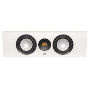 Der Elac Carina CC 241.4 Centerlautsprecher in Weiß Seidenmatt verfügt über zwei große runde Tieftöner, ein zentrales Gitter mit vertikalem orange-schwarzem Muster und ist für optimale Heimkino-Akustik ausgelegt.
