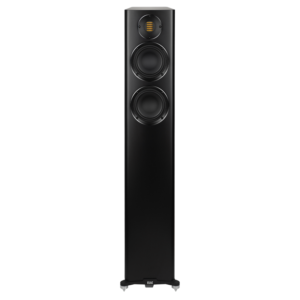 Der Elac Carina FS 247.4 Standlautsprecher Stück in schwarz seidenmatt verfügt über zwei große Tiefton-Chassis und einen JET-Hochtöner an der Oberseite, alles in einem schlanken rechteckigen Gehäuse mit flachem Boden.
