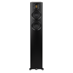 Der Elac Carina FS 247.4 Standlautsprecher Stück in schwarz seidenmatt verfügt über zwei große Tiefton-Chassis und einen JET-Hochtöner an der Oberseite, alles in einem schlanken rechteckigen Gehäuse mit flachem Boden.