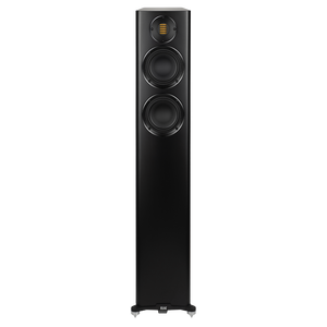 Der Elac Carina FS 247.4 Standlautsprecher Stück in schwarz seidenmatt verfügt über zwei große Tiefton-Chassis und einen JET-Hochtöner an der Oberseite, alles in einem schlanken rechteckigen Gehäuse mit flachem Boden.