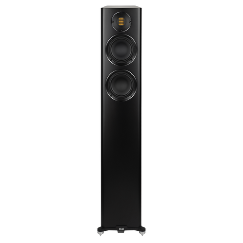 Der Elac Carina FS 247.4 Standlautsprecher Stück in schwarz seidenmatt verfügt über zwei große Tiefton-Chassis und einen JET-Hochtöner an der Oberseite, alles in einem schlanken rechteckigen Gehäuse mit flachem Boden.