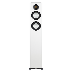 Großes Elac Carina FS 247.4 Standlautsprecher Stück in Weiß Seidenmatt, mit zwei großen schwarzen Tiefton-Chassis und einem kleineren rechteckigen JET-Hochtöner darüber, alles auf schwarzen Füßen stehend.
