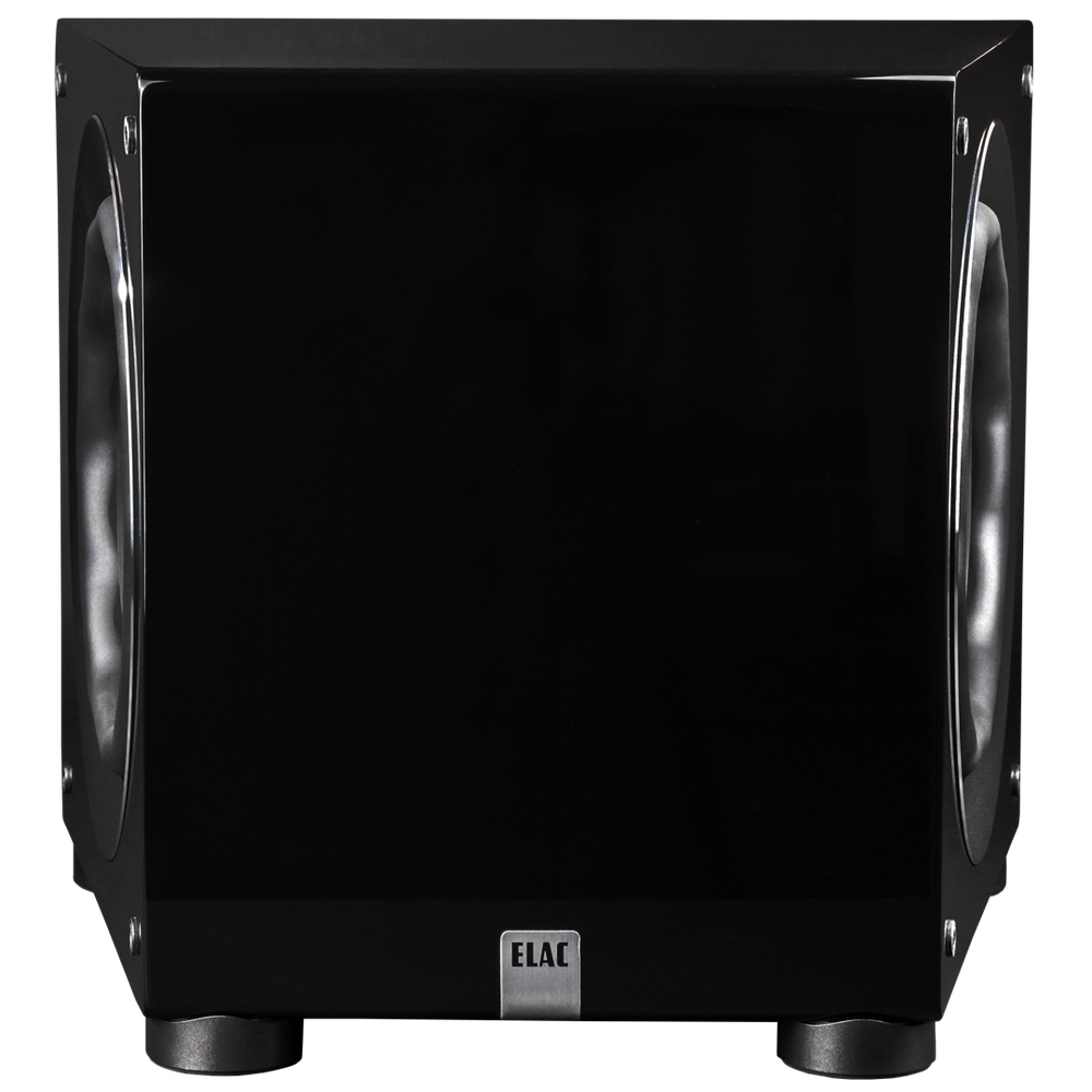Der Elac DS1200 Subwoofer Stück in Schwarz Hochglanz verfügt über große, runde Treiber mit HEX-Technologie, eine Logoplatte an der Vorderseite und kleine, abgerundete Füße, die vor einem schlichten Hintergrund gezeigt werden.