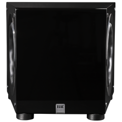 Der Elac DS1200 Subwoofer Stück in Schwarz Hochglanz verfügt über große, runde Treiber mit HEX-Technologie, eine Logoplatte an der Vorderseite und kleine, abgerundete Füße, die vor einem schlichten Hintergrund gezeigt werden.