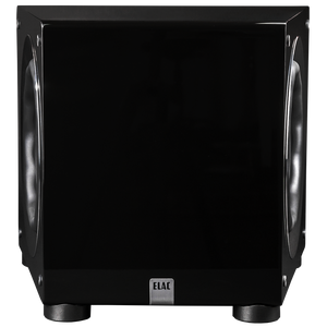 Der Elac DS1200 Subwoofer Stück in Schwarz Hochglanz verfügt über große, runde Treiber mit HEX-Technologie, eine Logoplatte an der Vorderseite und kleine, abgerundete Füße, die vor einem schlichten Hintergrund gezeigt werden.