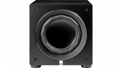 Frontansicht des Elac RS500 Subwoofers in Satin Black, mit zentralem, rundem Treiber mit gewelltem Gummirand und vier Eckschrauben. Die App-Steuerung macht die Verwaltung Ihres Audioerlebnisses einfach.