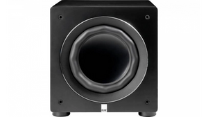 Frontansicht des Elac RS500 Subwoofers in Satin Black, mit zentralem, rundem Treiber mit gewelltem Gummirand und vier Eckschrauben. Die App-Steuerung macht die Verwaltung Ihres Audioerlebnisses einfach.