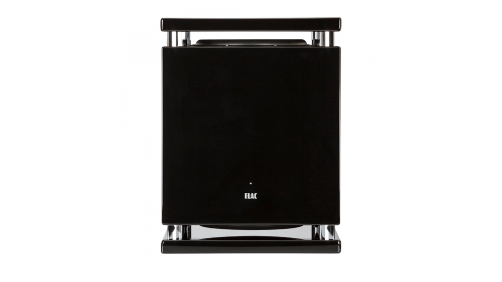 Der Elac SUB2070.2 Subwoofer in glänzendem Schwarz mit minimalistischem, kastenförmigem Design und Push-Push/Pull-Pull-Technologie wird von vorne vor einem schlichten schwarzen Hintergrund präsentiert.