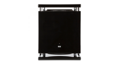 Der Elac SUB2070.2 Subwoofer in glänzendem Schwarz mit minimalistischem, kastenförmigem Design und Push-Push/Pull-Pull-Technologie wird von vorne vor einem schlichten schwarzen Hintergrund präsentiert.