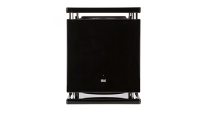 Der Elac SUB2070.2 Subwoofer in glänzendem Schwarz mit minimalistischem, kastenförmigem Design und Push-Push/Pull-Pull-Technologie wird von vorne vor einem schlichten schwarzen Hintergrund präsentiert.