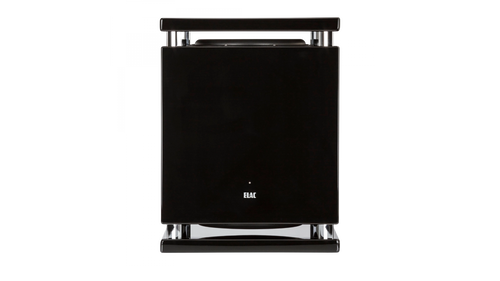 Der Elac SUB2070.2 Subwoofer in glänzendem Schwarz mit minimalistischem, kastenförmigem Design und Push-Push/Pull-Pull-Technologie wird von vorne vor einem schlichten schwarzen Hintergrund präsentiert.