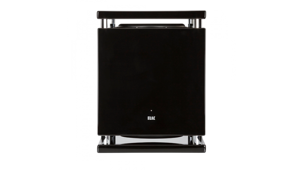 Der Elac SUB2070.2 Subwoofer in glänzendem Schwarz mit minimalistischem, kastenförmigem Design und Push-Push/Pull-Pull-Technologie wird von vorne vor einem schlichten schwarzen Hintergrund präsentiert.