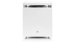 Der Elac SUB2070.2 Subwoofer in Gloss White ist ein kastenförmiger Lautsprecher mit sichtbarem schwarzen Top-Treiber, minimalistischem ELAC-Design, Belüftungsöffnungen an der Unterseite und App-Steuerung für eine einfache Steuerung.