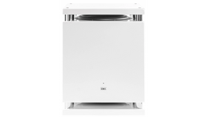 Der Elac SUB2070.2 Subwoofer in Gloss White ist ein kastenförmiger Lautsprecher mit sichtbarem schwarzen Top-Treiber, minimalistischem ELAC-Design, Belüftungsöffnungen an der Unterseite und App-Steuerung für eine einfache Steuerung.