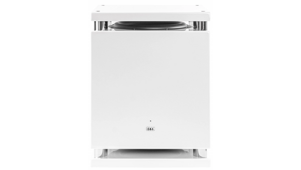 Der Elac SUB2070.2 Subwoofer in Gloss White ist ein kastenförmiger Lautsprecher mit sichtbarem schwarzen Top-Treiber, minimalistischem ELAC-Design, Belüftungsöffnungen an der Unterseite und App-Steuerung für eine einfache Steuerung.
