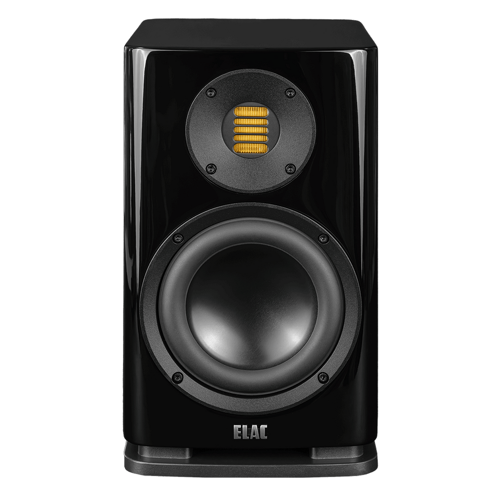 Der Elac Solano BS 283.2 Regallautsprecher Stück in Schwarz Hochglanz verfügt über einen großen runden Tieftöner unter einem kleineren rechteckigen gelben Hochtöner, der eine außergewöhnliche Klangwiedergabe liefert.