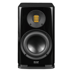 Der Elac Solano BS 283.2 Regallautsprecher Stück in Schwarz Hochglanz verfügt über einen großen runden Tieftöner unter einem kleineren rechteckigen gelben Hochtöner, der eine außergewöhnliche Klangwiedergabe liefert.