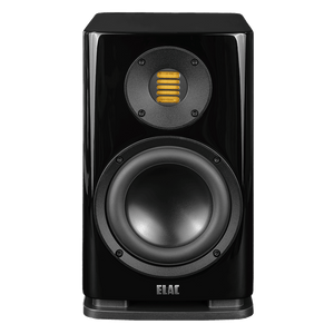 Der Elac Solano BS 283.2 Regallautsprecher Stück in Schwarz Hochglanz verfügt über einen großen runden Tieftöner unter einem kleineren rechteckigen gelben Hochtöner, der eine außergewöhnliche Klangwiedergabe liefert.