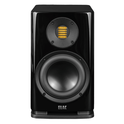 Der Elac Solano BS 283.2 Regallautsprecher Stück in Schwarz Hochglanz verfügt über einen großen runden Tieftöner unter einem kleineren rechteckigen gelben Hochtöner, der eine außergewöhnliche Klangwiedergabe liefert.