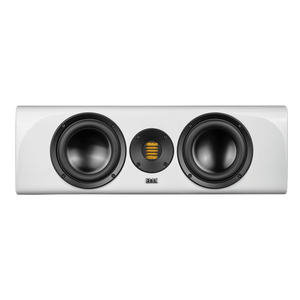 Der Elac Solano CC 281.2 Centerlautsprecher in Weiß Hochglanz bietet zwei große schwarze Woofer und einen zentralen gelben rechteckigen Hochtöner - die ideale Ergänzung für jedes Heimkino.
