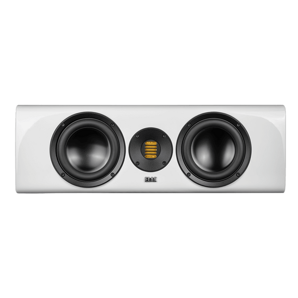 Der Elac Solano CC 281.2 Centerlautsprecher in Weiß Hochglanz bietet zwei große schwarze Woofer und einen zentralen gelben rechteckigen Hochtöner - die ideale Ergänzung für jedes Heimkino.
