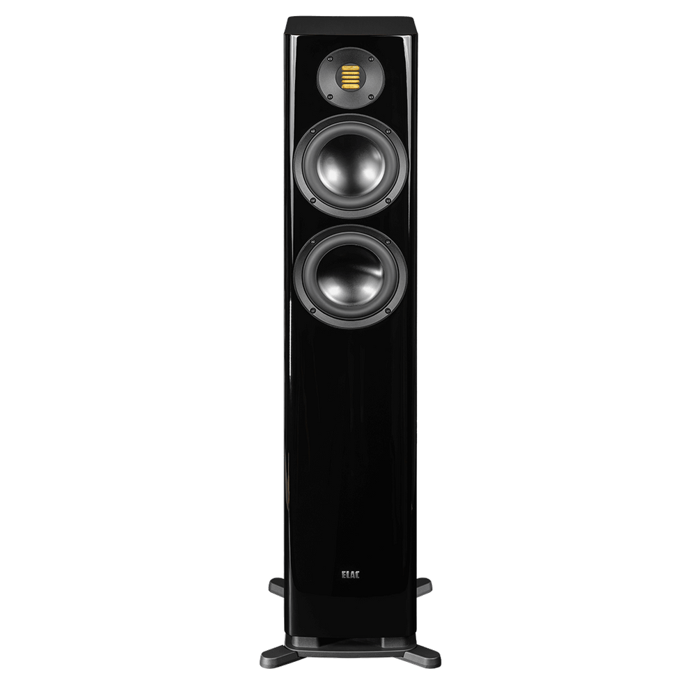 Der Elac Solano FS 287.2 Standlautsprecher Stück in Schwarz Hochglanz bietet musikalische Exzellenz mit zwei großen runden Treibern, einem eleganten rechteckigen Hochtöner oben und steht stabil auf einem soliden Sockel.