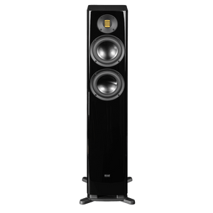 Der Elac Solano FS 287.2 Standlautsprecher Stück in Schwarz Hochglanz bietet musikalische Exzellenz mit zwei großen runden Treibern, einem eleganten rechteckigen Hochtöner oben und steht stabil auf einem soliden Sockel.