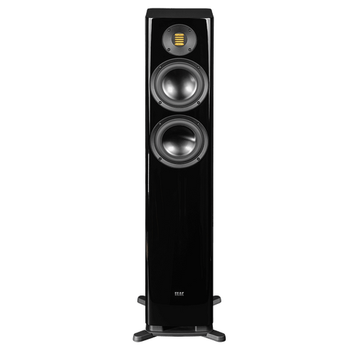 Der Elac Solano FS 287.2 Standlautsprecher Stück in Schwarz Hochglanz bietet musikalische Exzellenz mit zwei großen runden Treibern, einem eleganten rechteckigen Hochtöner oben und steht stabil auf einem soliden Sockel.