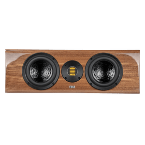 Der Elac Vela CC 401.2 Centerlautsprecher in Nussbaum Hochglanz verfügt über zwei schwarze runde Tieftöner, einen gelben rechteckigen JET 6-Hochtöner und das ELAC-Logo unterhalb des Hochtöners - ideal für Surround-Sound-Ensembles.